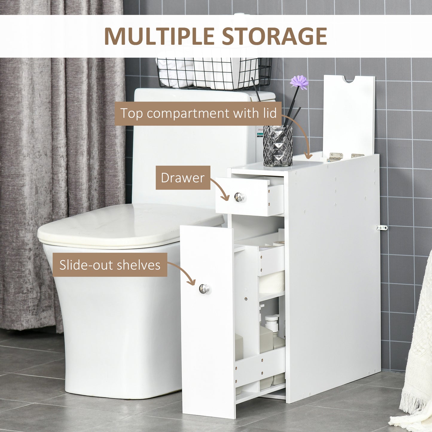 Bathroom Slim Floor Cabinet Narrow Wooden Storage Home Bath Toilet Cupboard Organiser Unit With Drawers White