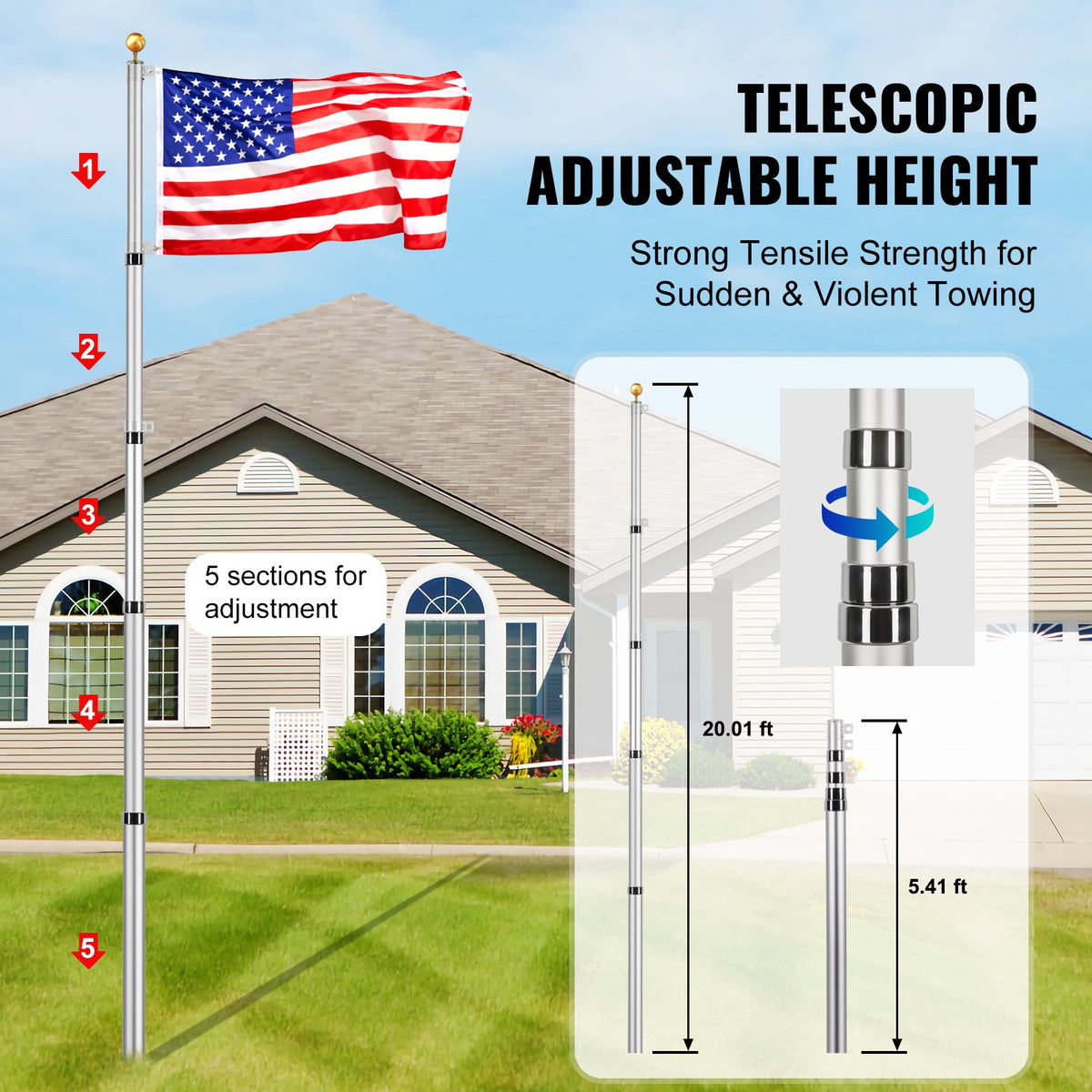 20FT Telescoping Flag Pole Kit, Heavy Duty Aluminum Alloy In Ground Flag Poles For Outside, 3 Display Modes Flagpole With 3x5 American Flag, Professional Accessories, Silver
