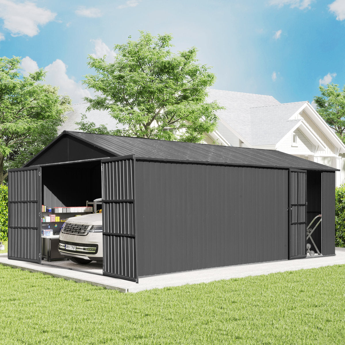 12x15FT Outdoor Metal Garage Shed, Extra Large Metal Carport With Lockable Double Hinged Doors, Heavy Duty Car Shelter For Car, Truck, Motorcycle And Lawn Equipment, Dark Grey