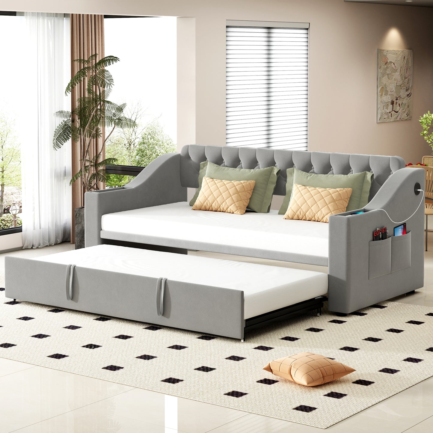 Upholstered Bed Sofa Bed, 90 180x190 Cm, Wider And Thicker Armrests With USB Charging Port, Integrated Shelf In The Armrests, With Storage Pockets, With Slatted Base, Velvet Fabric, Grey