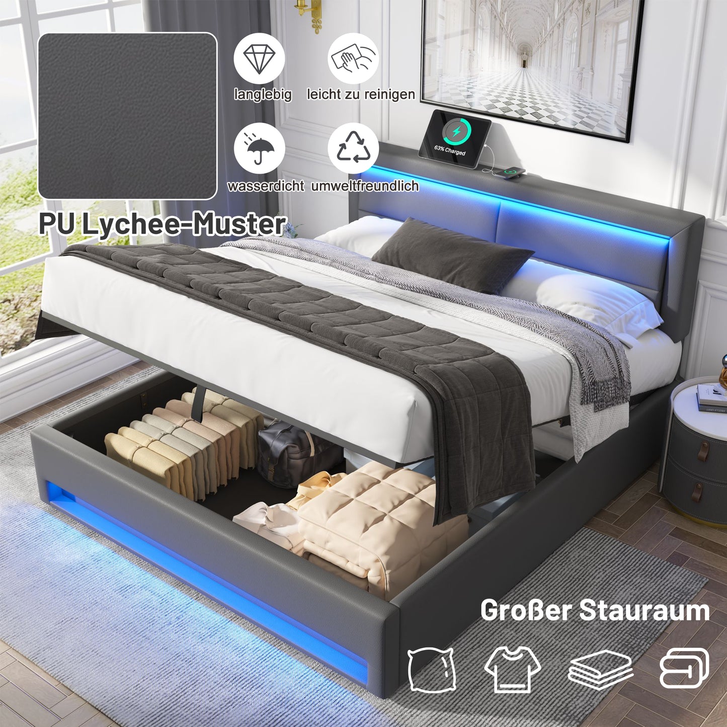 Upholstered Bed 140 X 200 Cm, With USB Port Supports Wireless And Wired Charging , With LED Lighting And Storage, Without Mattress, PU Lychee Pattern, Grey OLD SKU 3252978AAG