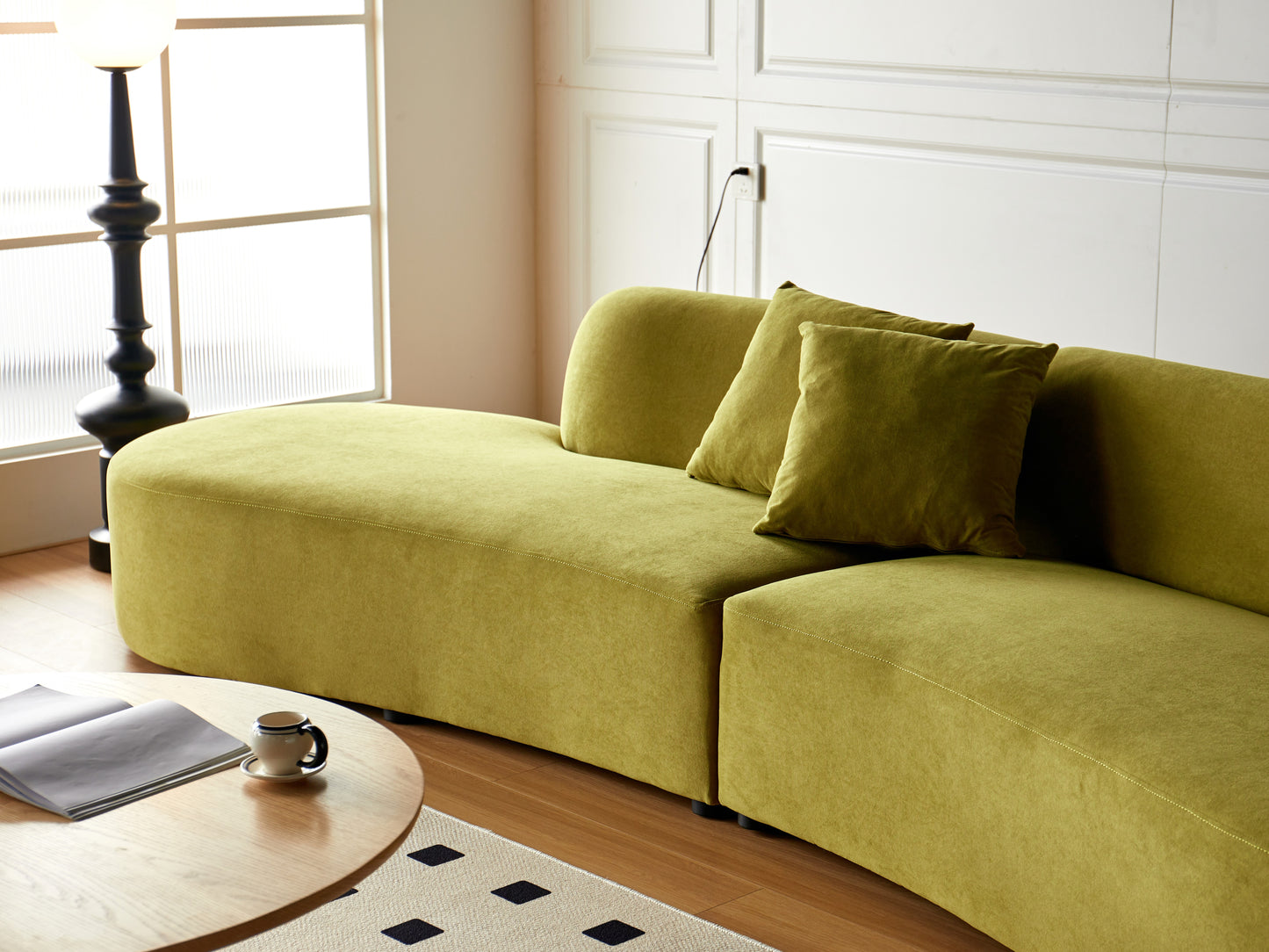 132 Curved Sofa With Throw Pillows, 6 Seater Luxury Velvet Couch With Half Moon Design And High-Density Foam, Ideal For Modern Living Room, Office & Apartment, Olive Green
