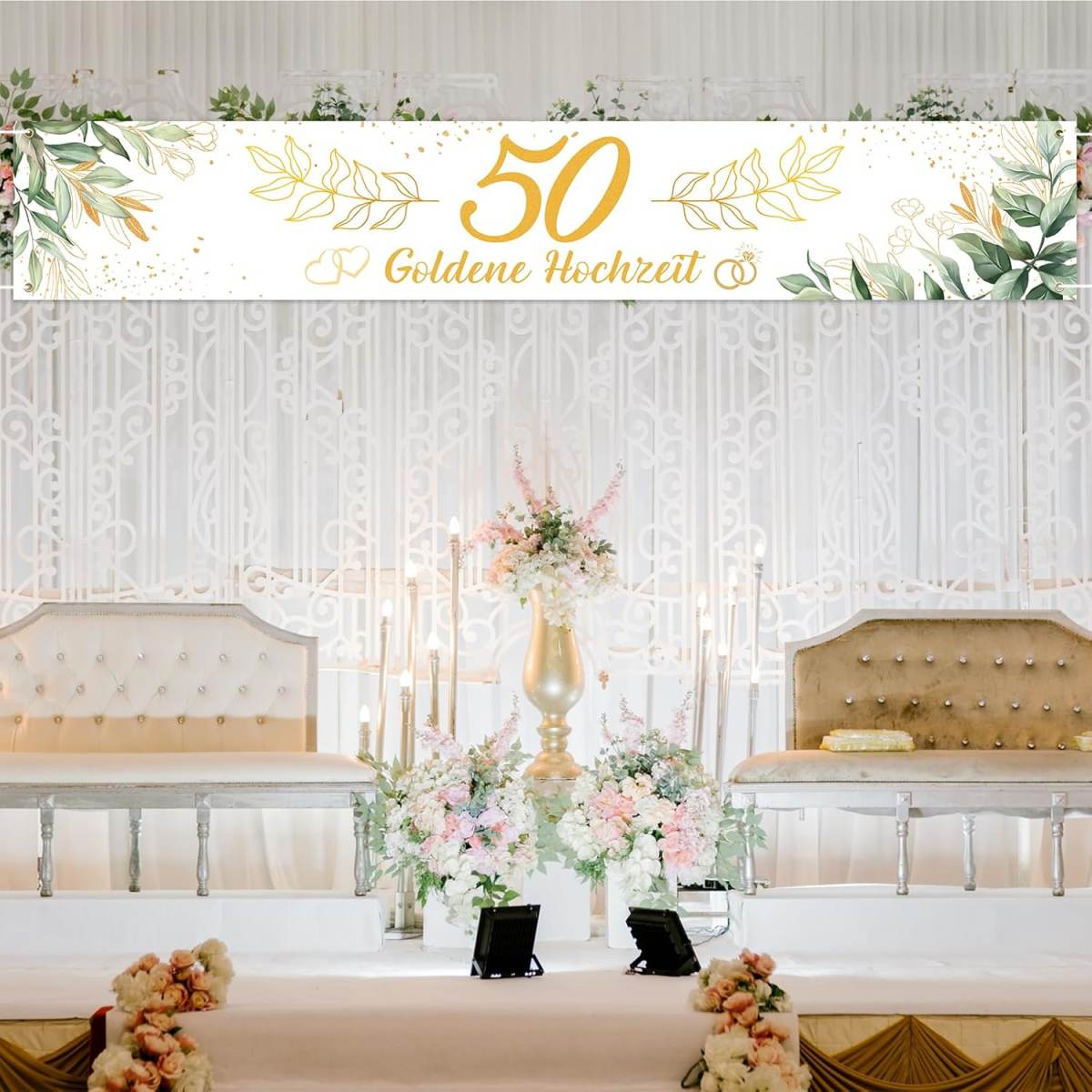 Golden Wedding Anniversary Banner,300x50cm,Extra Large 50th Anniversary Wedding Banner,Gold Wedding Anniversary Background,Golden Wedding Hanging Decoration For Garden, Indoor, And Outdoor