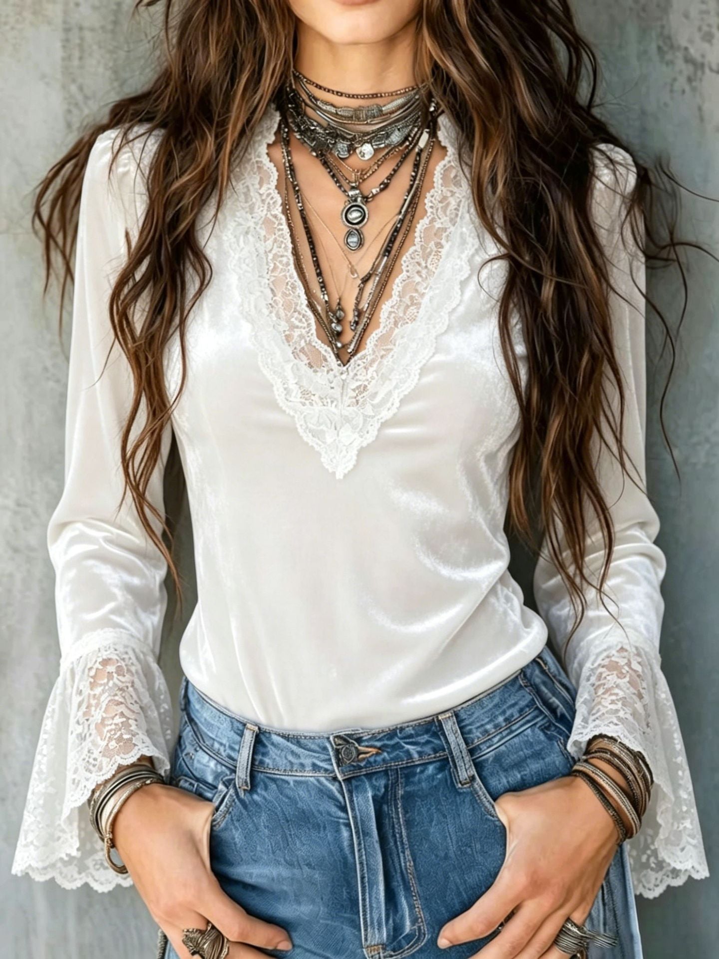 New Velvet Patchwork Deep-V Lace-trimmed Flared-sleeve Slim-fit Long Sleeves