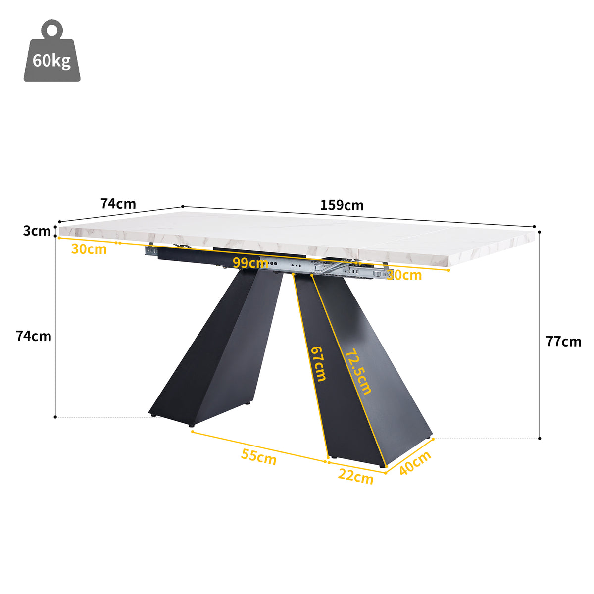 Telescopic Dining Table 99-159x74cm , Extendable Dining Table, Space-Saving Kitchen Table, Wide Work Surface, Flexible Design, For Home Office And Living Room, White Table Top With Pillar Legs