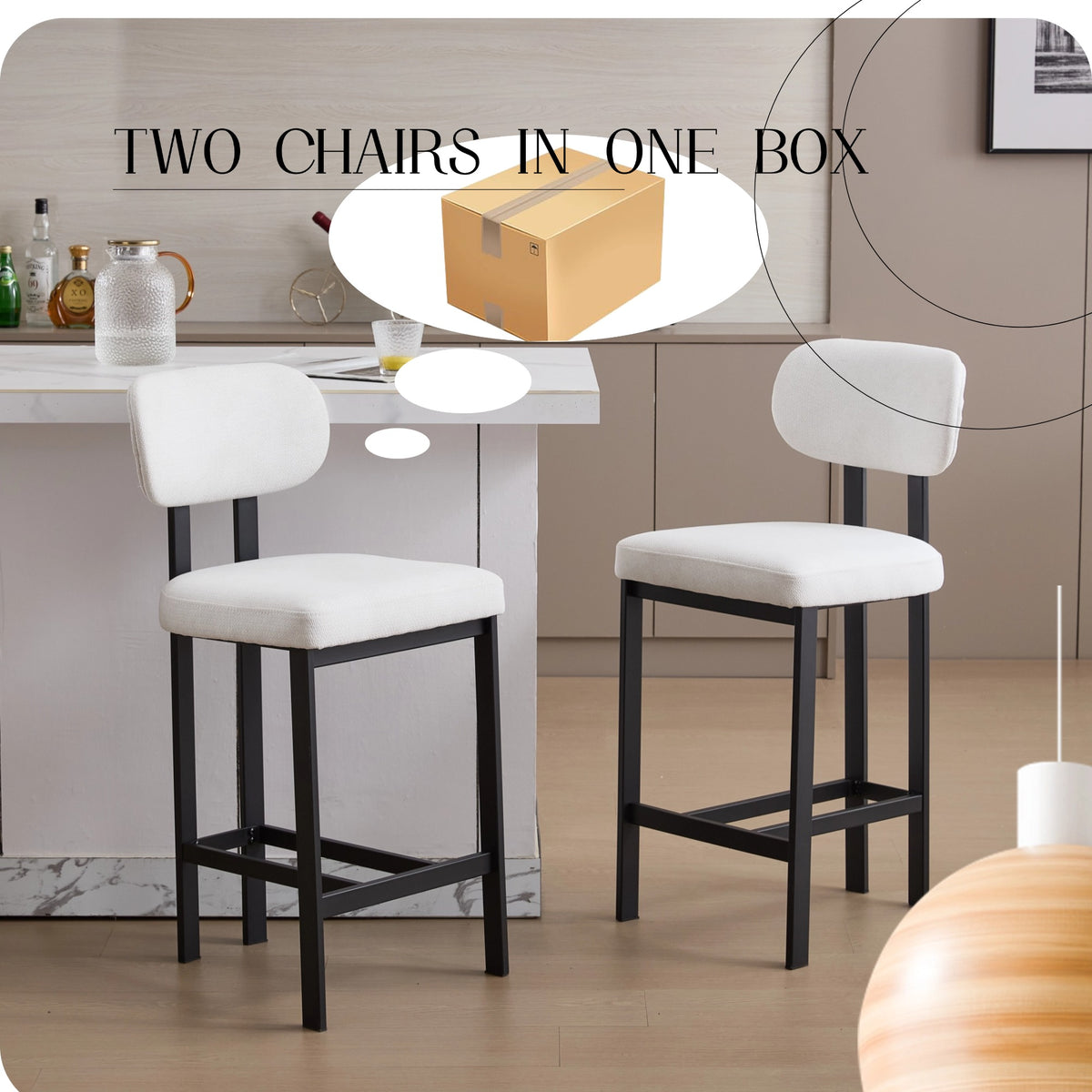 Bar Stools Set Of 2, 26 Inch Modern Upholstered Fabric Counter Height Barstools, Kitchen Island Chairs With Black Metal Legs For Dining Room Kitchen Island Bar
