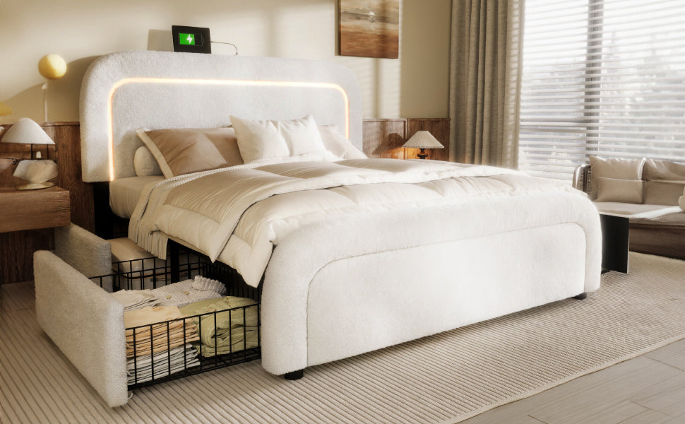 Bed Frame With USB Type-C Charging Function, LED Lighting, And 4 Drawers, Double Upholstered Bed 140x200cm, Height-adjustable Headboard, Wooden Slatted Frame, Sherpa White Without Mattress