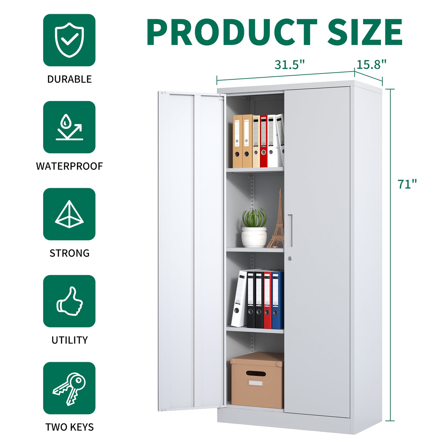 71 H Metal Garage Storage Cabinet, White Tool Steel Locking Cabinet With Doors And 3 Adjustable Shelves, Tall Cabinets For Garage Storage Systems Lockable File Cabinet For Home Office,Classroom,Pantry