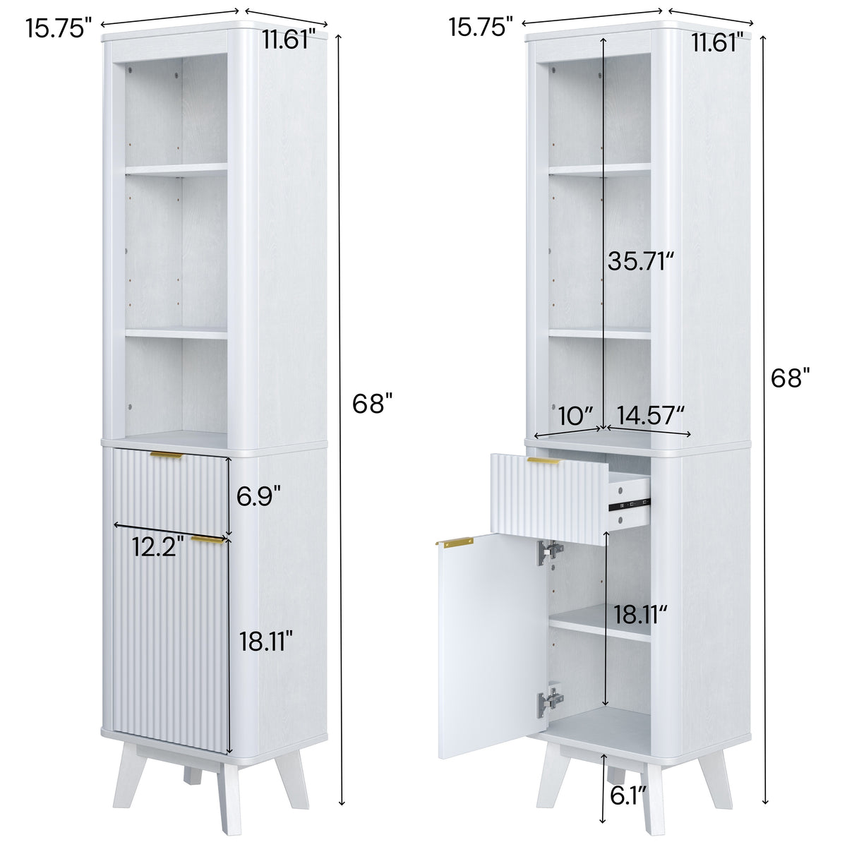 68 H Tall Bathroom Storage Cabinet With Adjustable Shelves And One Drawer & Door, Storage Cabinet For Bathroom, Living Room, Entryway & Kitchen, White