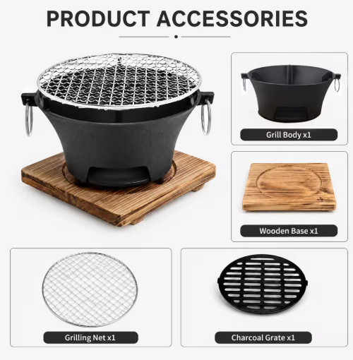 KL1 Portable Charcoal Grill Mini Tabletop BBQ Cast Iron Body Stainless Steel Removable Grill Net Heat Resistant Wooden Base Silver Carry Rings