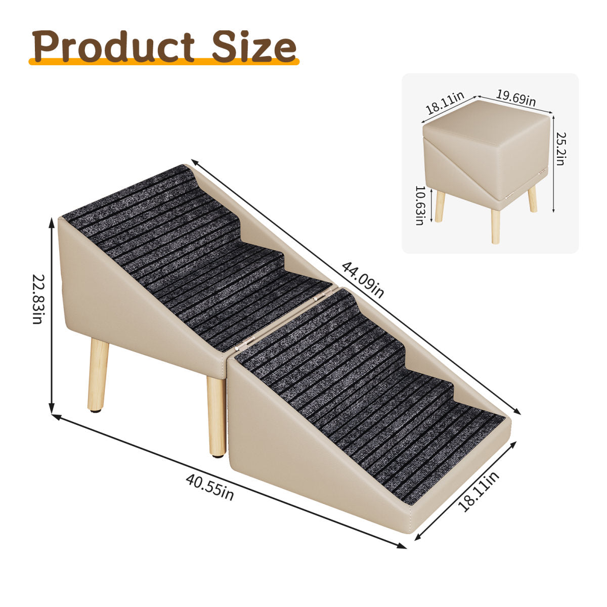 Dog Ramp for Bed & Couch, Dog Stairs 22.83 inches High for Large/Medium/Small Doggie, Foldable 2 in 1 Wooden Pet Steps for Older and Injured Dogs, Split Ottoman Design, Non-Slip Surface (Light Grey)