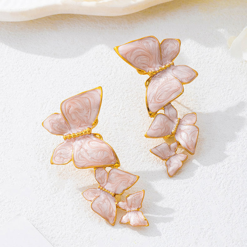 Trendy Style Enamel Three Butterfly Stud Earrings For Women, Fashion High-End Personalized Temperament Versatile Daily All-Match Ear Jewelry