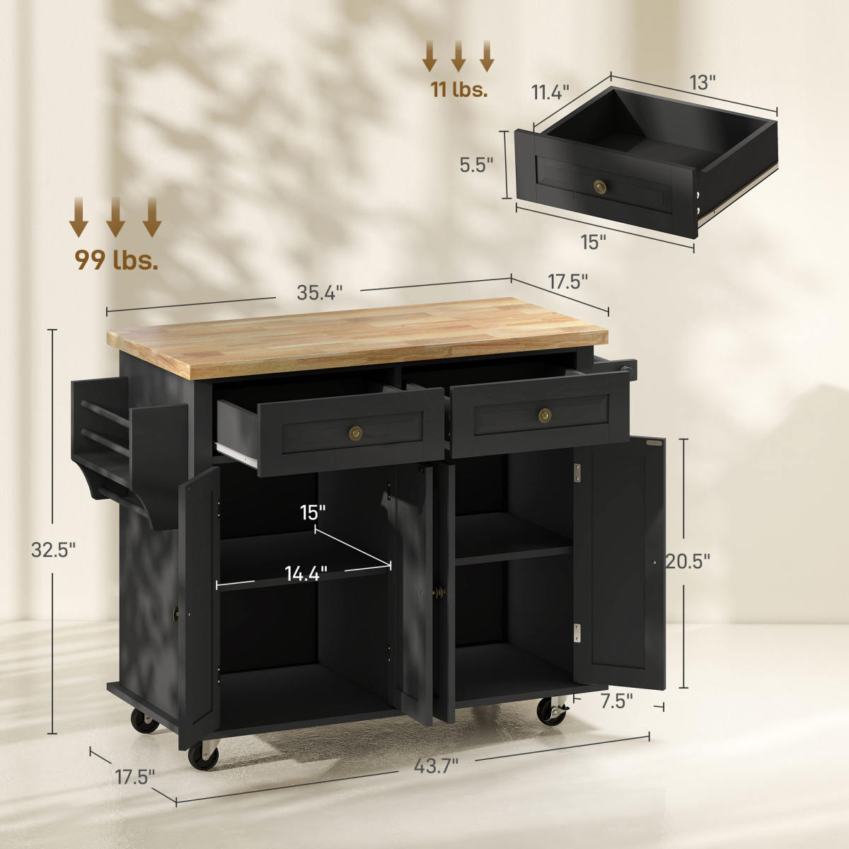 44" Mobile Kitchen Island Table, Kitchen Island Cart on Wheels with Storage Cabinets, 2 Drawers, Black