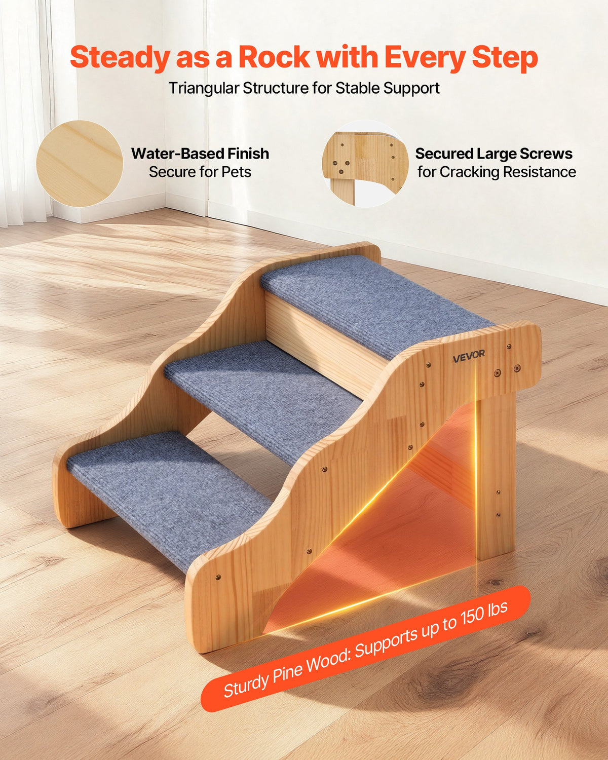 Wood Pet Stairs, 3-Step Dog Stairs For High Beds, Sofa & Cars, 150lbs Load Capacity, Non-Slip Surface, Stable Cat & Dog Step Ladder For Small Medium Large Older Pet Puppy Essentials