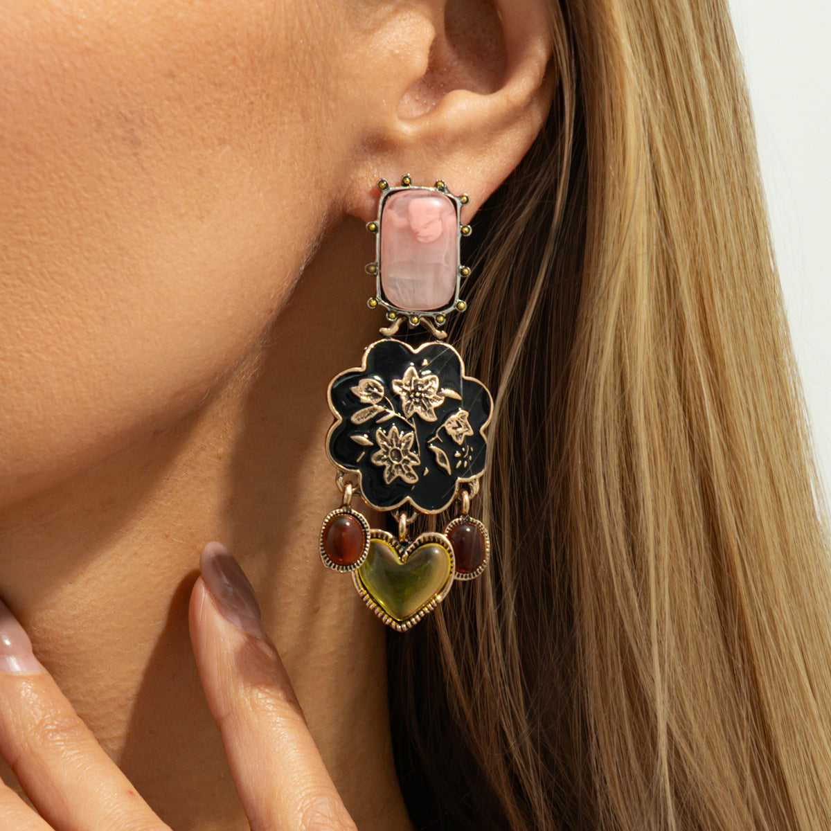 Mid-Century Vintage Carved Floral Earrings, Luxury Acrylic Flower Tray With Faux Gem Inlay Retro Fashion Women Stud Jewelry
