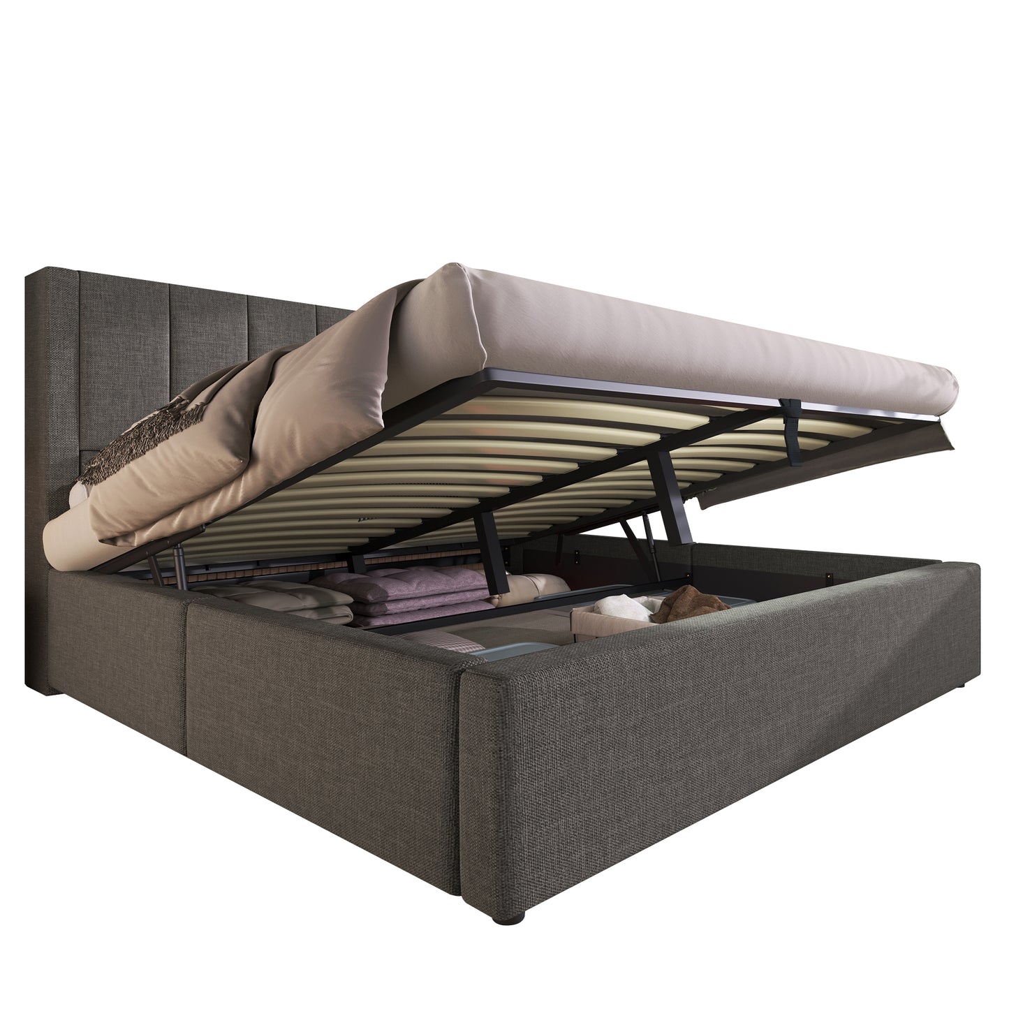 Upholstered Bed 140x200 Cm, Double Bed With Hidden Cup Holder & Charging Station, Hydraulic Bed With Storage Space Under The Bed, Incl. Slatted Frame, Linen Grey Without Mattress