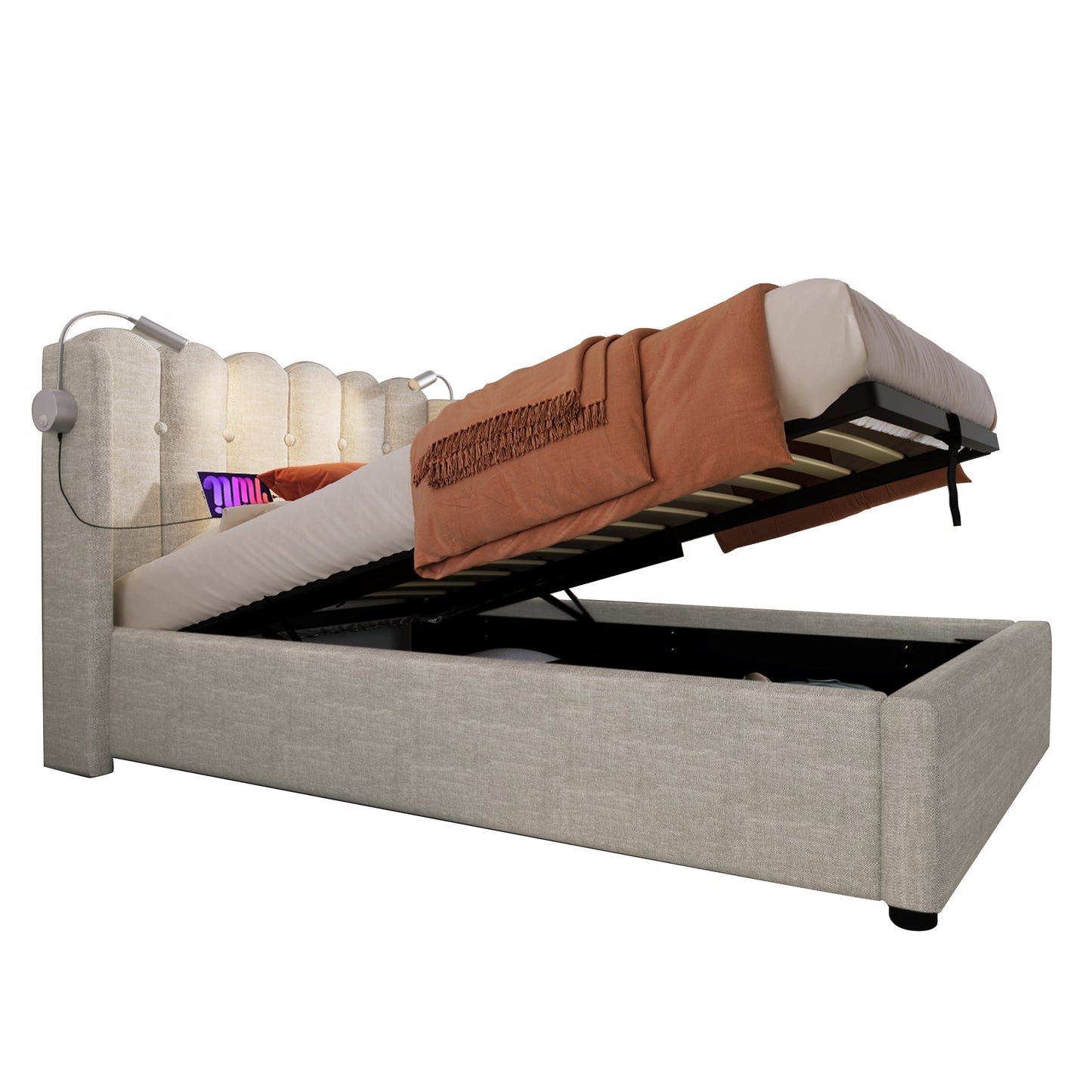 Upholstered Bed Single Bed Reading Light With Charging Function Head Part Storage Bed Frame Linen Material Youth Bed 90x200 With Slate Grate,Of Course Without Mattress