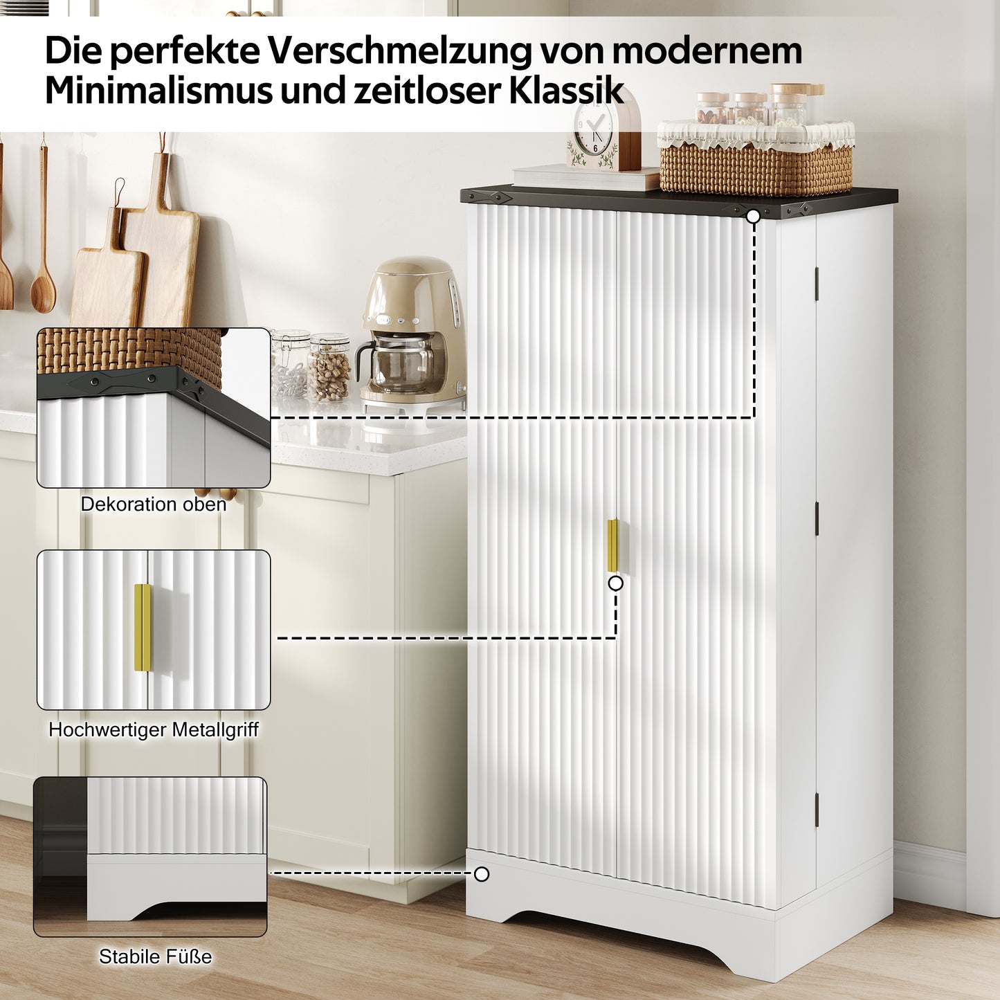 Kitchen Cabinet With LED Sensor Light And Spice Rack, Generous Double Door Cabinet With Adjustable Shelves And Modern Door Design White, 120 X 60.5 X 40 Cm