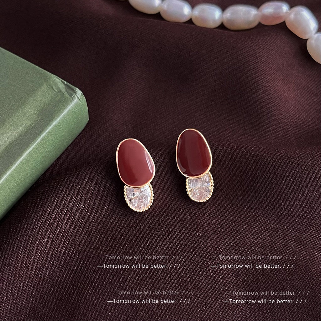 Vintage Wine Red Earrings Women French Enamel Stud Earrings Luxury Fashion Wholesale Jewelry
