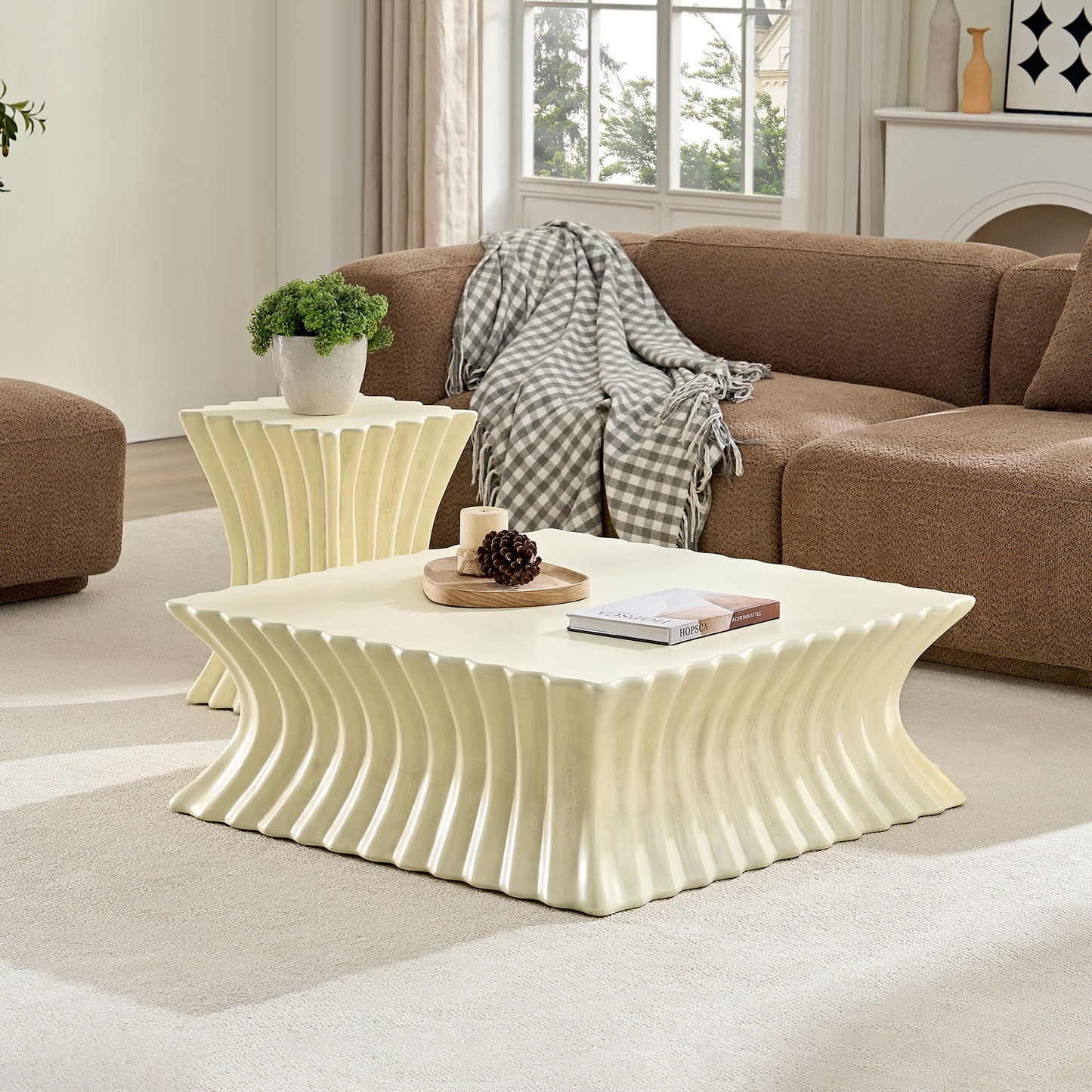 35.43 Inch Square Coffee Table Vintage Sturdy Fiberglass Table For Living Room Apartment Office No Need Assembly Beige