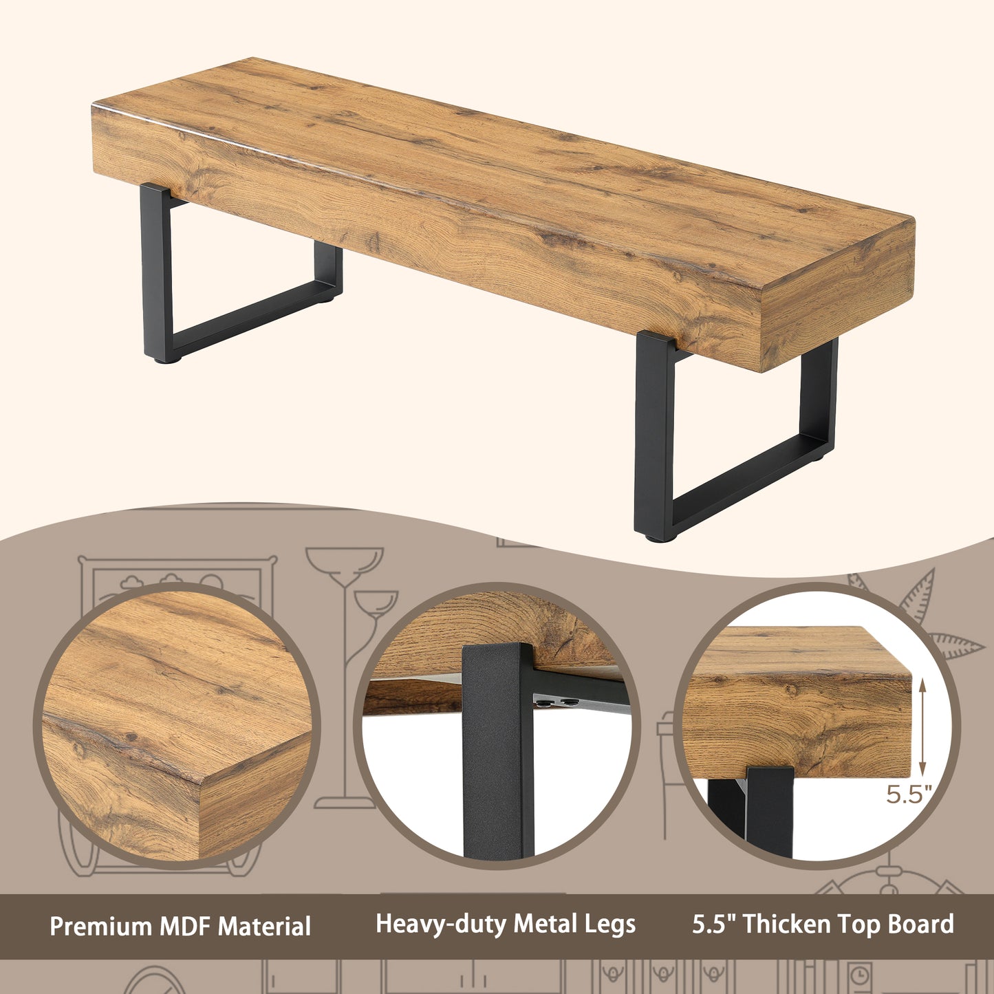 59 Wood Bench For Bedroom End Of Bed, Farmhouse Indoor Kitchen Table Benches,Versatile Modern Shoe Bench For Entryway, Natural