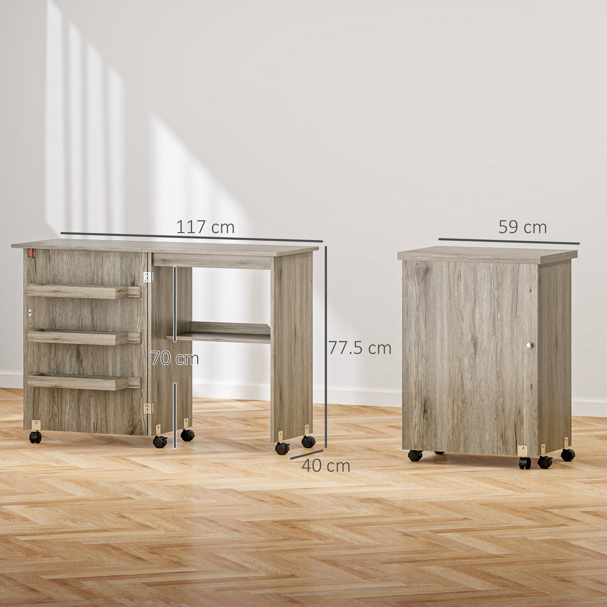 Folding Sewing Table, Drop Leaf Craft Table With Storage Bins, Open Shelf And Wheels, Rolling Sewing Machine Cabinet Computer Desk For Small Space, Grey