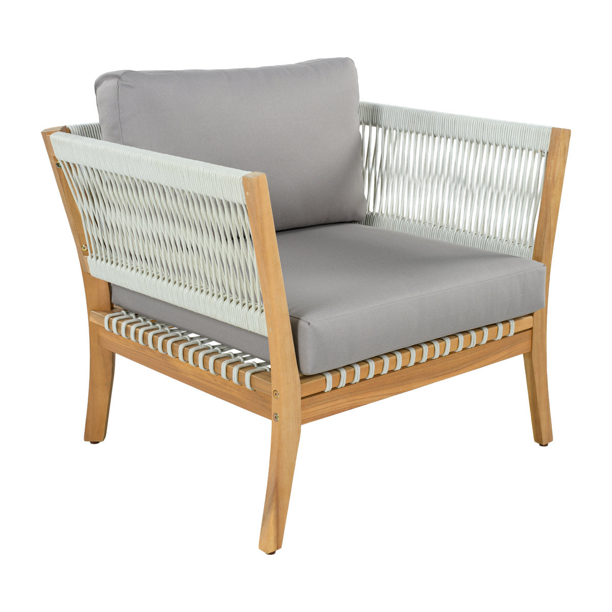 30.3" Outdoor Acacia Wood Patio Chair with Woven Rope Accents, Weather-Resistant Single Lounge Chair with Thick Cushions, Modern Accent Chair for Backyard, Deck, Poolside