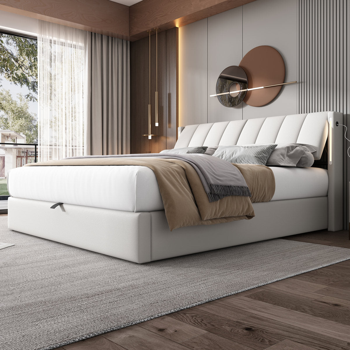 Binaural LED Upholstered Bed 180 X 200 Cm, Hydraulic Bed, Rechargeable USB Port In Bed, With LED Lighting, With Storage, Adjustable Headboard, PU Pebble, White