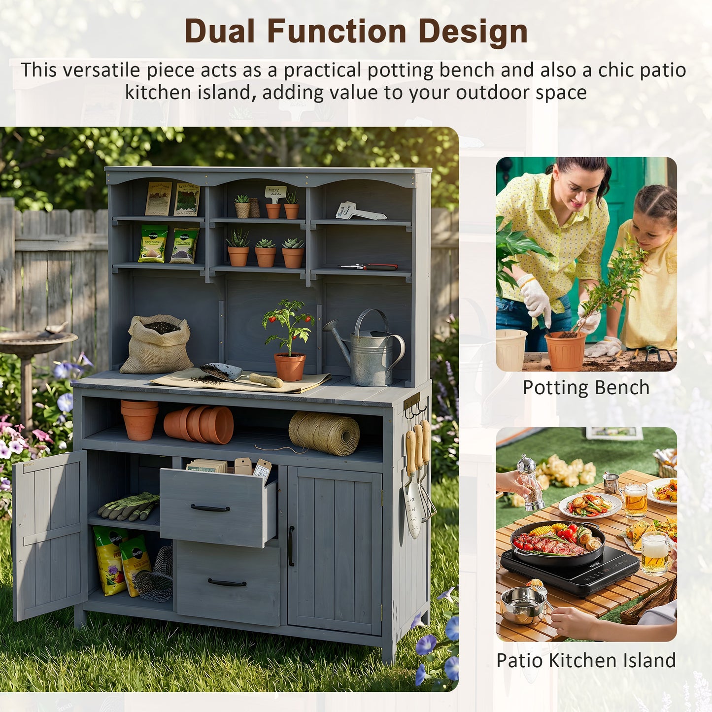 With Assembly Video TOPMAx Large Fir Wood Potting Bench 45.3 L Multi- Functional Outdoor Patio Kitchen Island With Hutch Cabinets Drawers & Hooks Large Countertop For Gardening Grill Gray