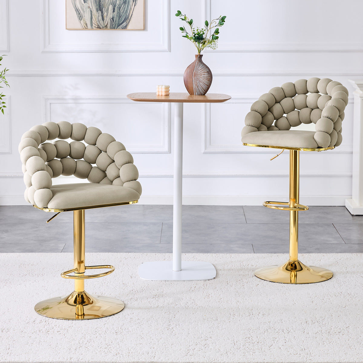 Grey Velvet Bar Stools Set Of 2 Ball Chain Backrest, Gold Plated Adjustment Frame, Stylish For Kitchen Island, Home Bar & Dining Area