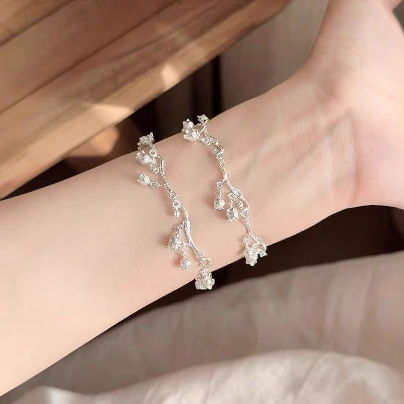 1pc 999 Sterling Silver Lily Of The Valley Charm Bracelet, Delicate Floral Style, Perfect For Daily Wear And Valentine's Gift
