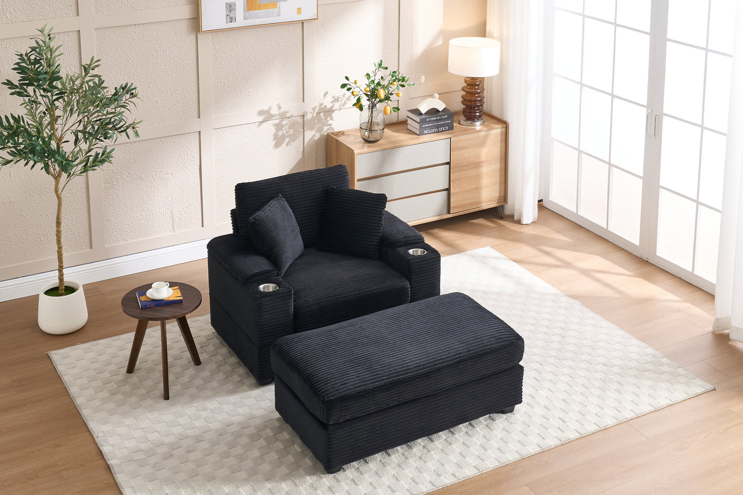 VIDEO New Corduroy Upholstered Chaise Lounge Sofa With Handrail Storage,Movable Ottoman,Cupholders,Detachable Cushions Deep Seat For Living Room Office,5 Colour,Wide Stripe Corduroy