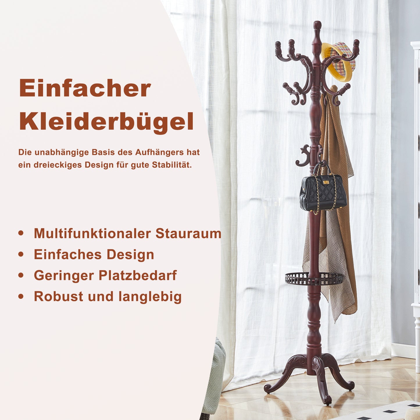 Add Elegance To Your Home Versatile European Clothes Rack In Walnut-coloured Solid Wood - Multi-equipped, Stable, Easy To Assemble And With Non-slip Feet.