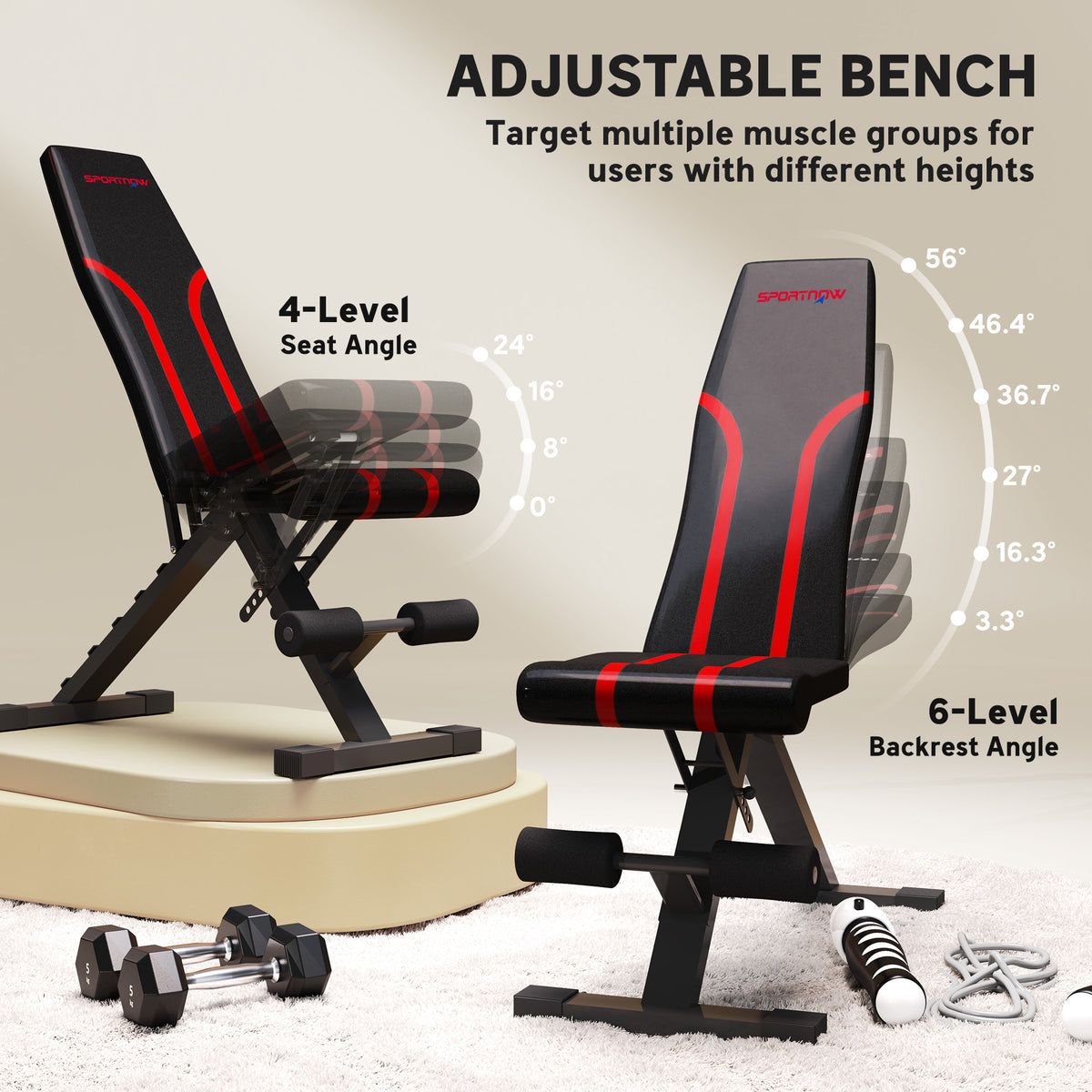 SPORTNOW Foldable Weight Bench, Adjustable Incline Flat Bench Press With 6-Level Backrest, 4-Level Seat, Leg Extension For Home Gym Workout Full Body Strength Training