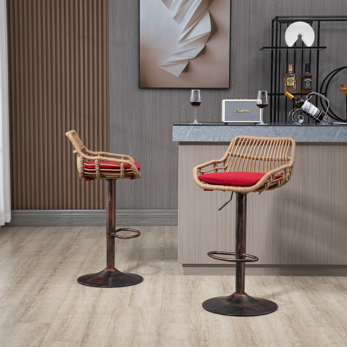 Modern Swivel Bar Stools Set Of 2 Adjustable Counter Height Chairs With Footrest For Kitchen, Dining Room Red