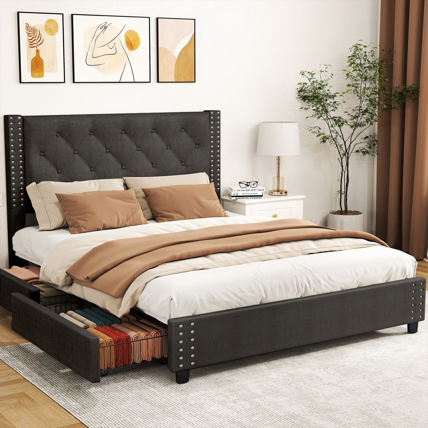 Full Size Bed Frame With Upholstered Button Tufted Headboard Wood Slat Support Metal Platform Bed Frame With 4 Drawers No Box Spring Needed Easy Assembly For Home