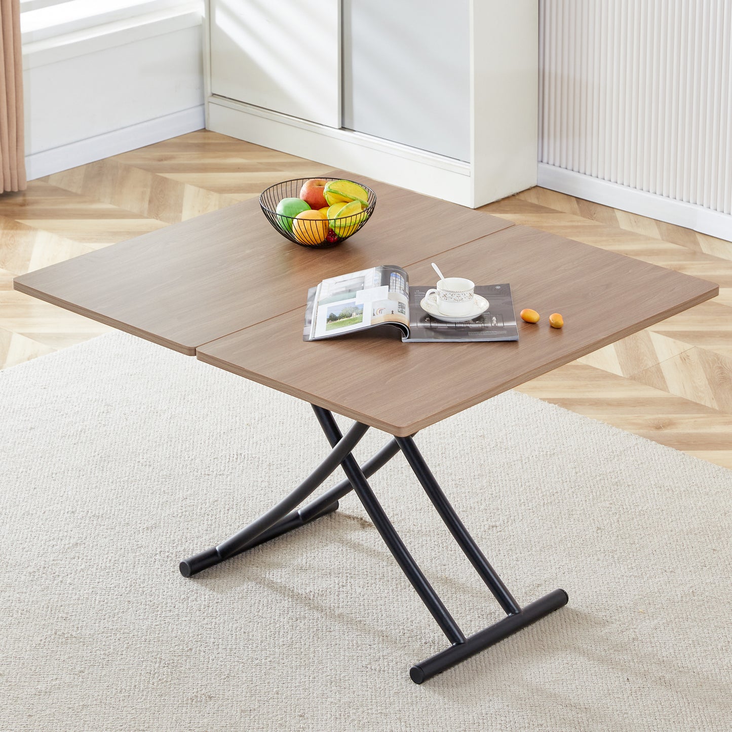 Modern Minimalist Multifunctional Lifting Table, With A 0.8-inch Wood Grain Process Sticker Desktop And Black Metal Legs, Can Be Used As A Dressing Table, Coffee Table, Dining Table, And Office Table