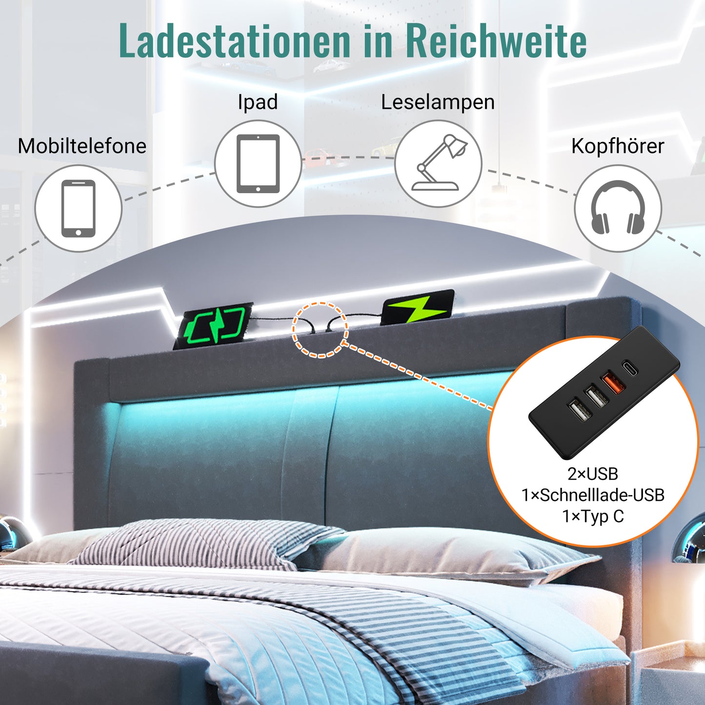 Double Bed 180x200 Cm With Storage, Hydraulic Bed, LED Lighting With App Control, USB & Type-C Charging Ports, Velvet, Headboard With Curved Design, Grey, Without Mattress
