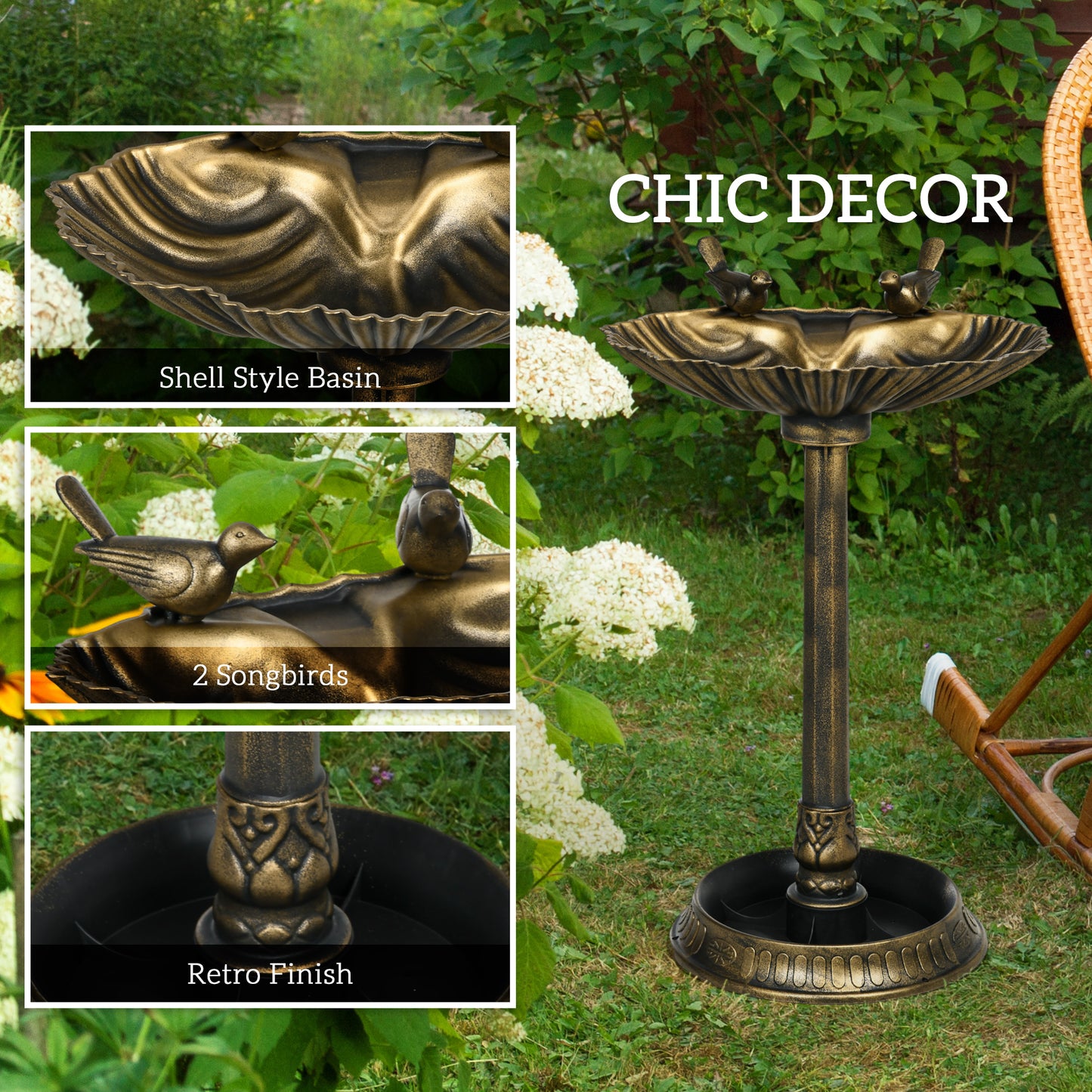 32" Antique Bird Bath Decorative Birdbath Bird Feeder Bowl With Planter Pedestal And Bird Statues, Bronze