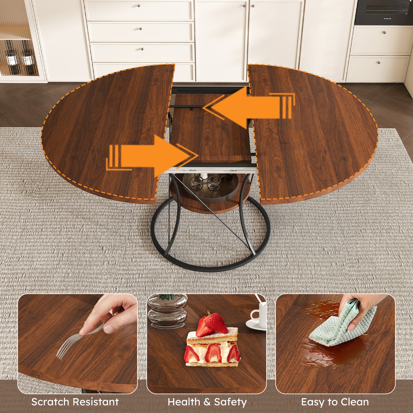43 Inch Round Dining Table For 4-6 Expandable Farmhouse Kitchen Table With Storage Shelf & Metal Base Brown & Black Extendable Wood Table From 43 To 59 Inch Large Round Table For Home No Chairs