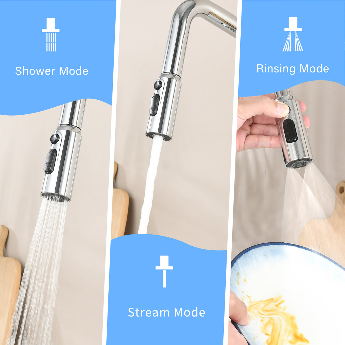 Professional Chrome Kitchen Faucet - 3 Function 360 Sprayer, One Touch Switching & FastConnect
