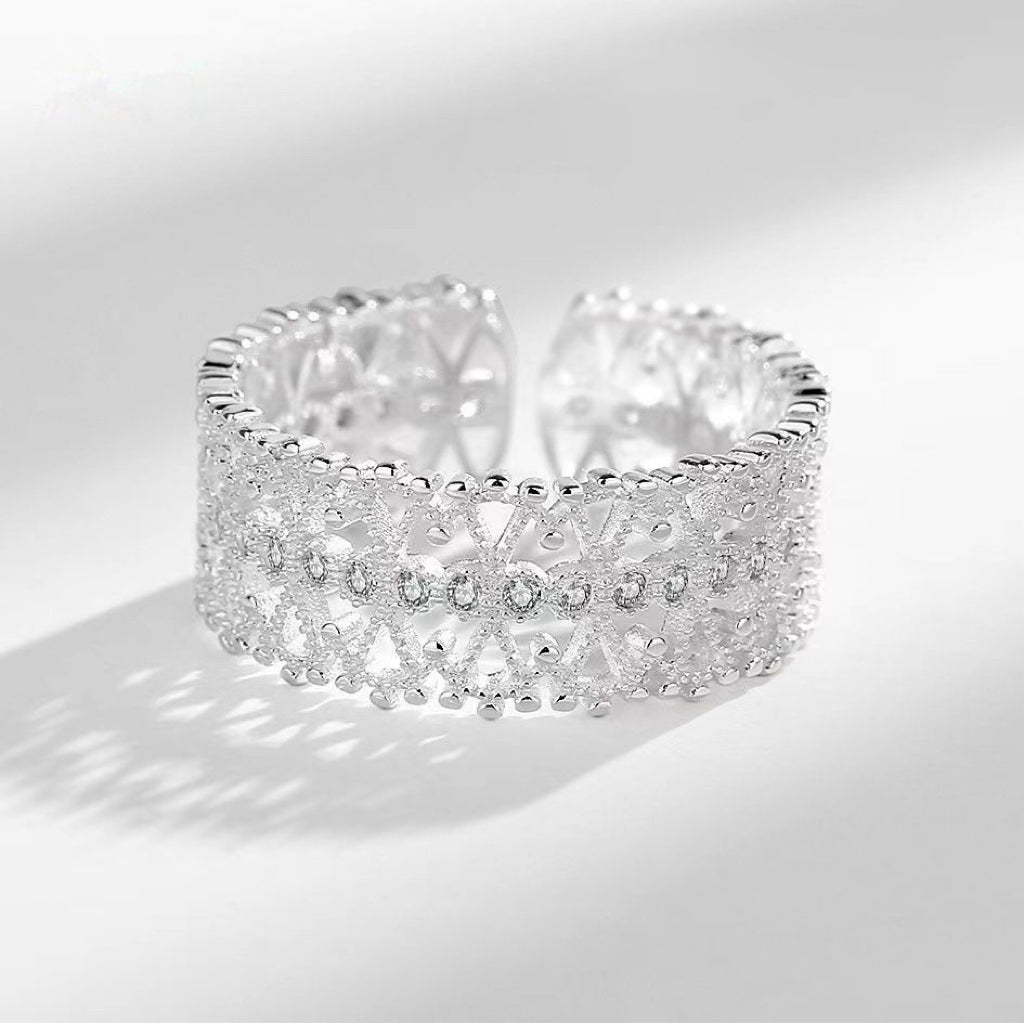 1pcs 999 Sterling Silver Filigree Crystal Statement Ring, Luxurious Bridal Style, Ideal For Birthdays & Anniversary Gifts