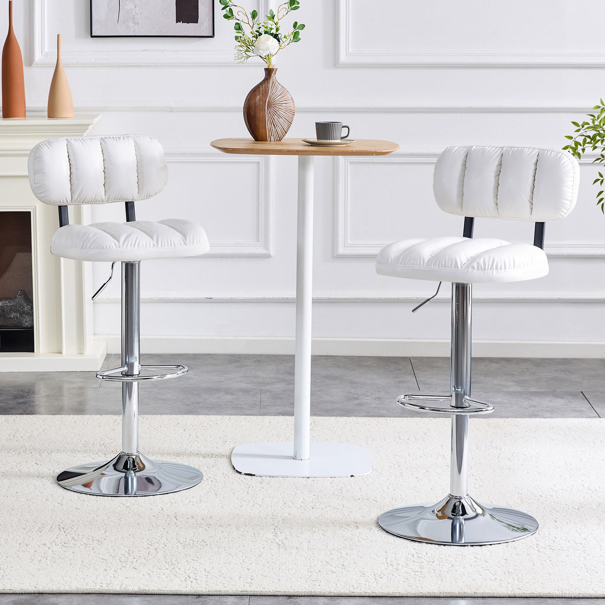 Set Of 2 Adjustable Height Bar Stools, White PU Leather Upholstered With Chrome Base & Footrest, Modern Comfort Stools For Kitchen Island, Home Bar, Living Room