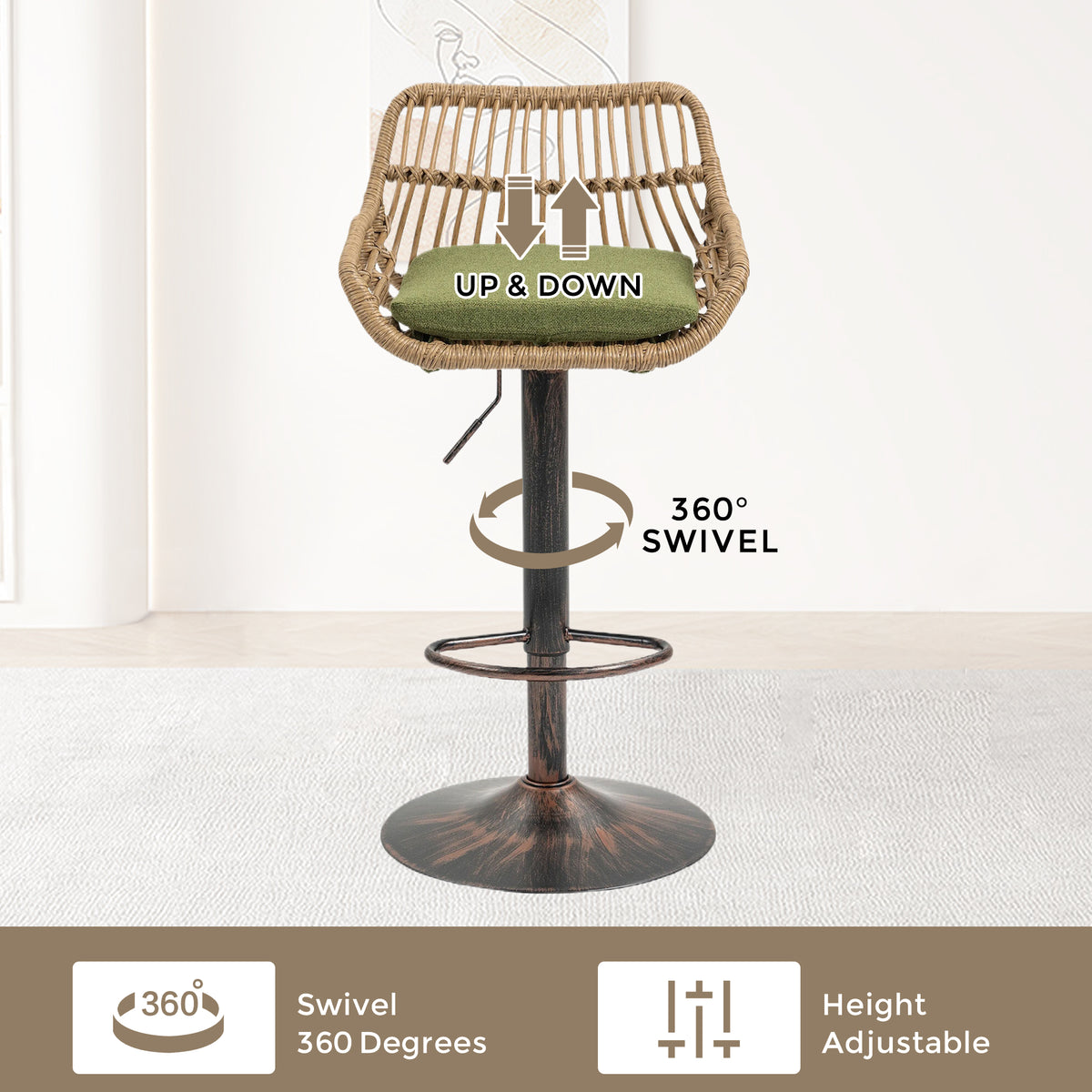 Modern Swivel Bar Stools Set Of 2 Adjustable Counter Height Chairs With Footrest For Kitchen, Dining Room Green
