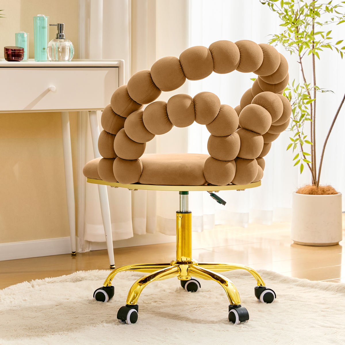 Velvet Bubble Back Swivel Office Chair, Adjustable Height Cute Vanity Chair With Gold Base & Wheels For Bedroom, Makeup Room.