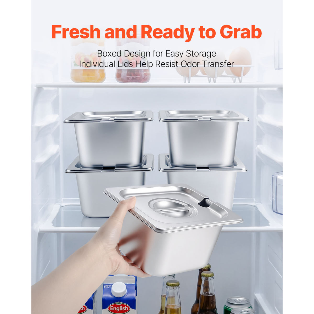 Countertop Food Serving Display Container, Stainless Steel Food Salad Server Tray, Buffet Condiment Dispenser, Ice Cooled Rack With Separate Lid, For Restaurant, Hotel, Party (6x1/6 Pan)