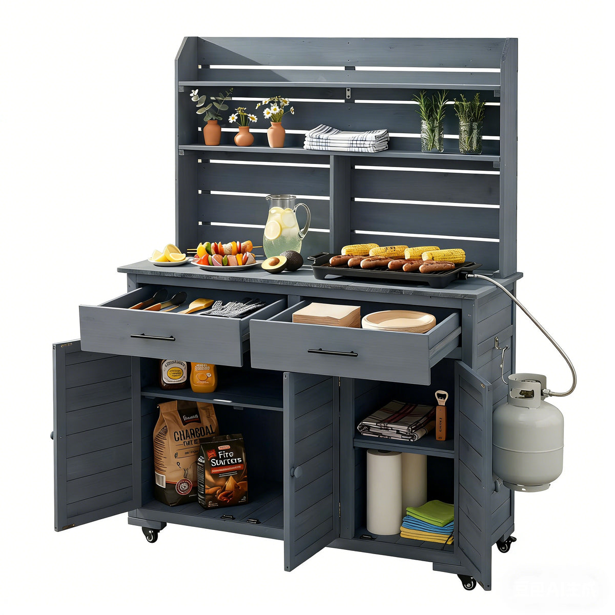 Assembly Video TOPMAx 65 H Large Garden Potting Bench With Lockable Wheels And Storage Cabinet Wood Outdoor Kitchen Island Prep Cart With Hutch Top Drawers And Removal Shelves For Grilling Gray