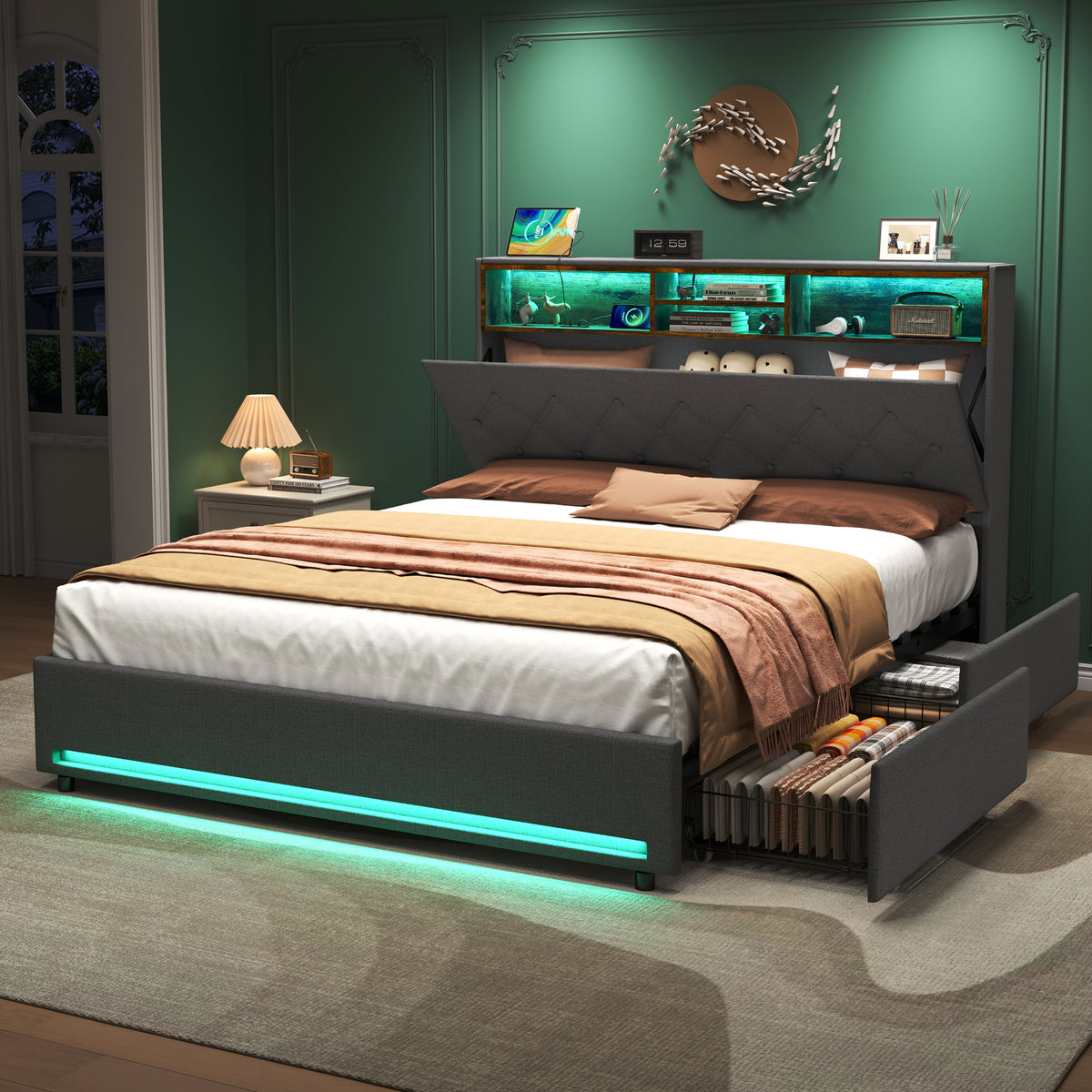 4ft6 Double Bed With 4 Storage Drawers, Bed Frame With Concealed Headboard Storage, Button Tufted Headboard With RGB LED Lighting And Charging Station, Linen, Grey No Mattress