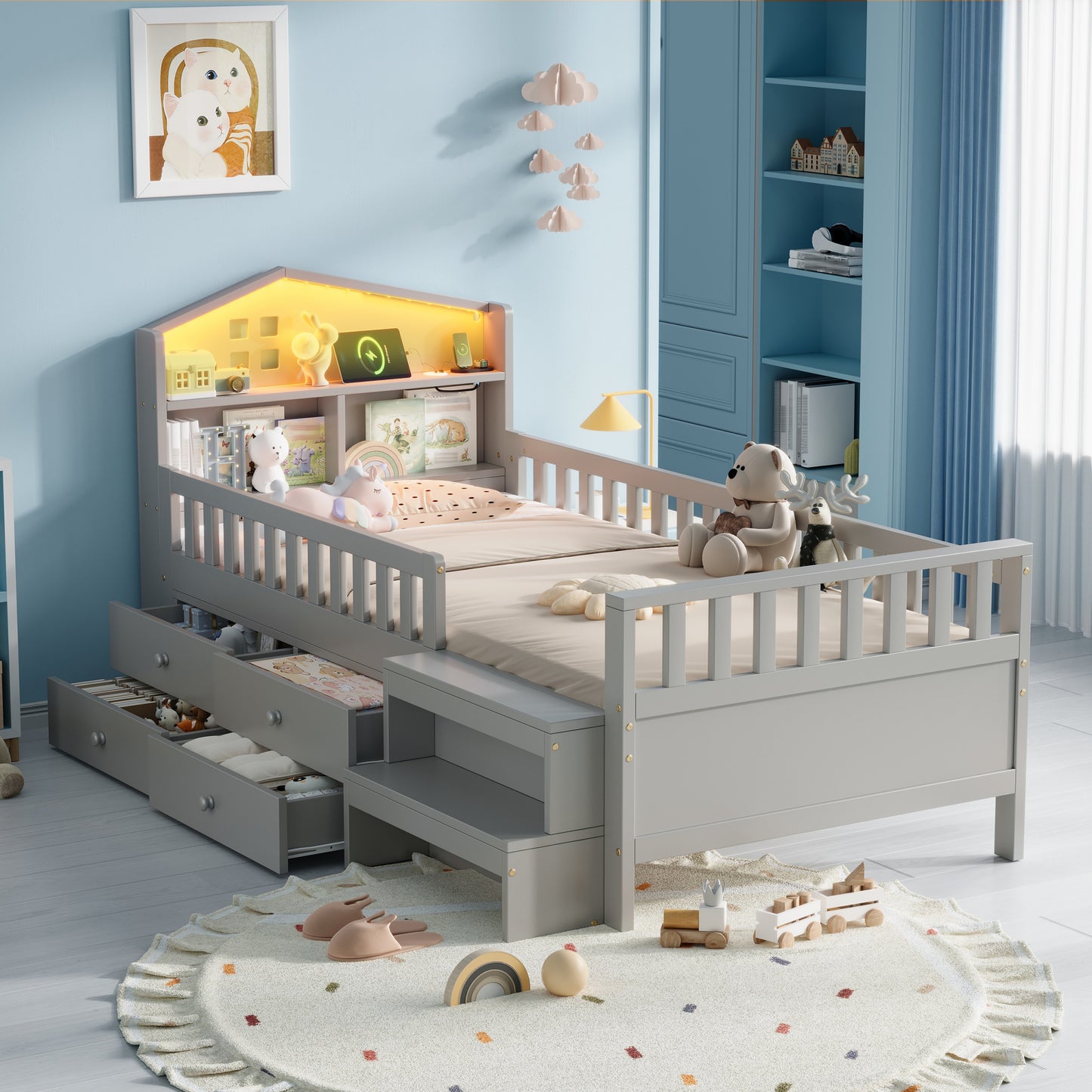 3ft Single Wooden Bed Frame, LED Lighting, Headboard Storage & Drawers, USB Charging Port, Safety Rails & Step Stool, Easy Assembly, Grey No Mattress