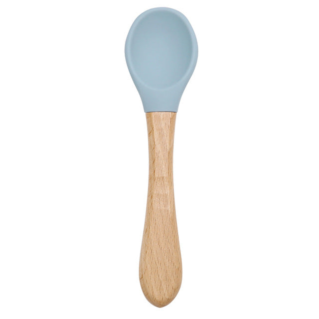Silicone Wooden Spoon Training Feeding Tableware